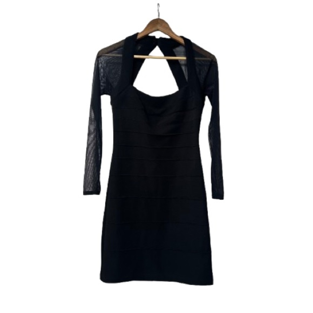 Moda International Black Bodycon Dress – Size Small – Mesh Sleeve Halter Cutout